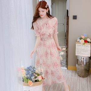 2023 Summer New Lace-Up Sweet Lady Korean Style Floral V-Neck Dress