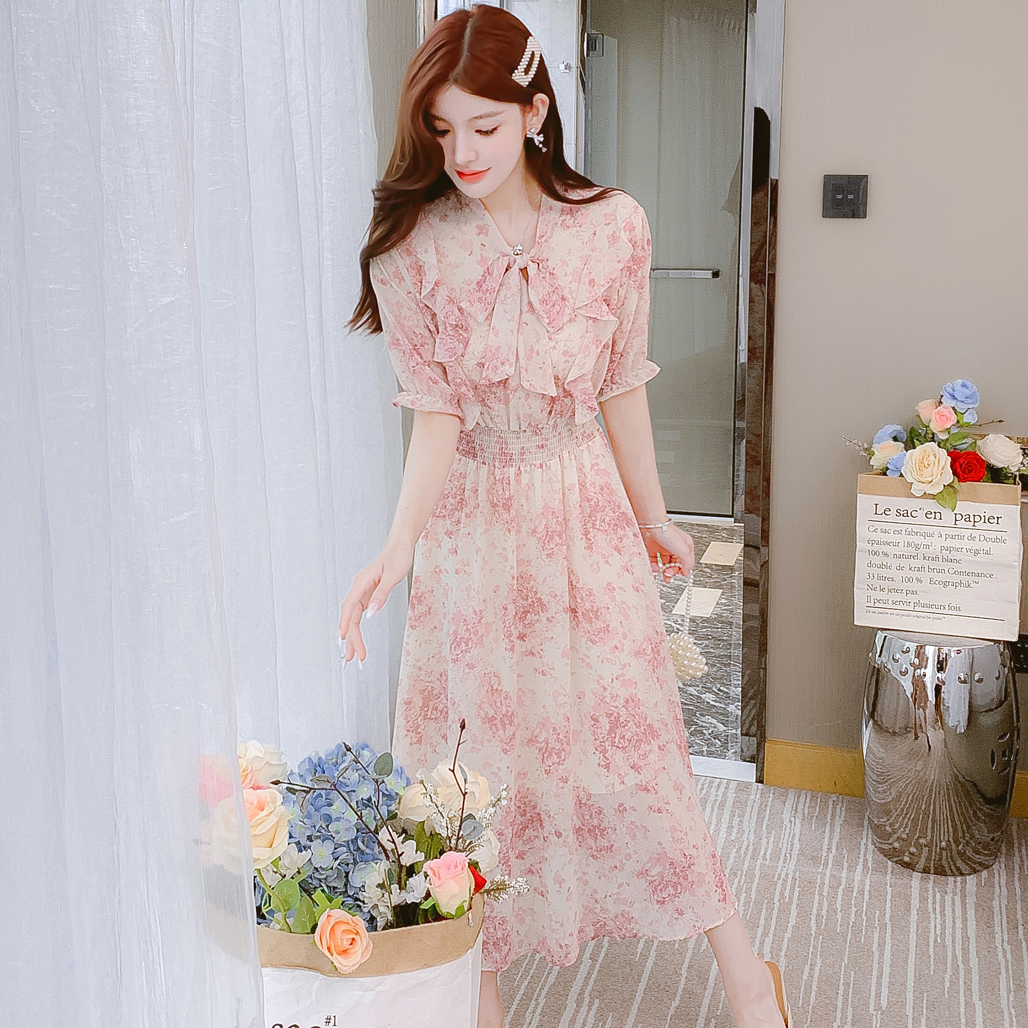 2023-summer-new-lace-up-sweet-lady-korean-style-floral-v-neck-dress