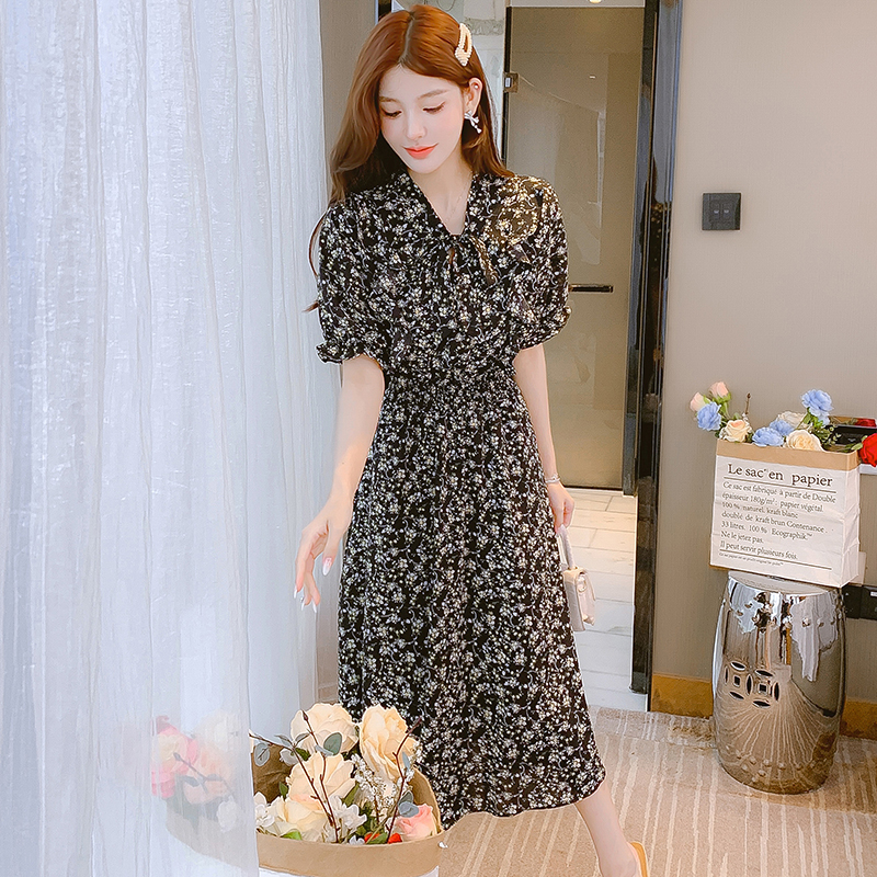 2023 Summer New Short Sleeve Elegant Lace-Up V-Neck Lady Chiffon Floral Dress - Image 3