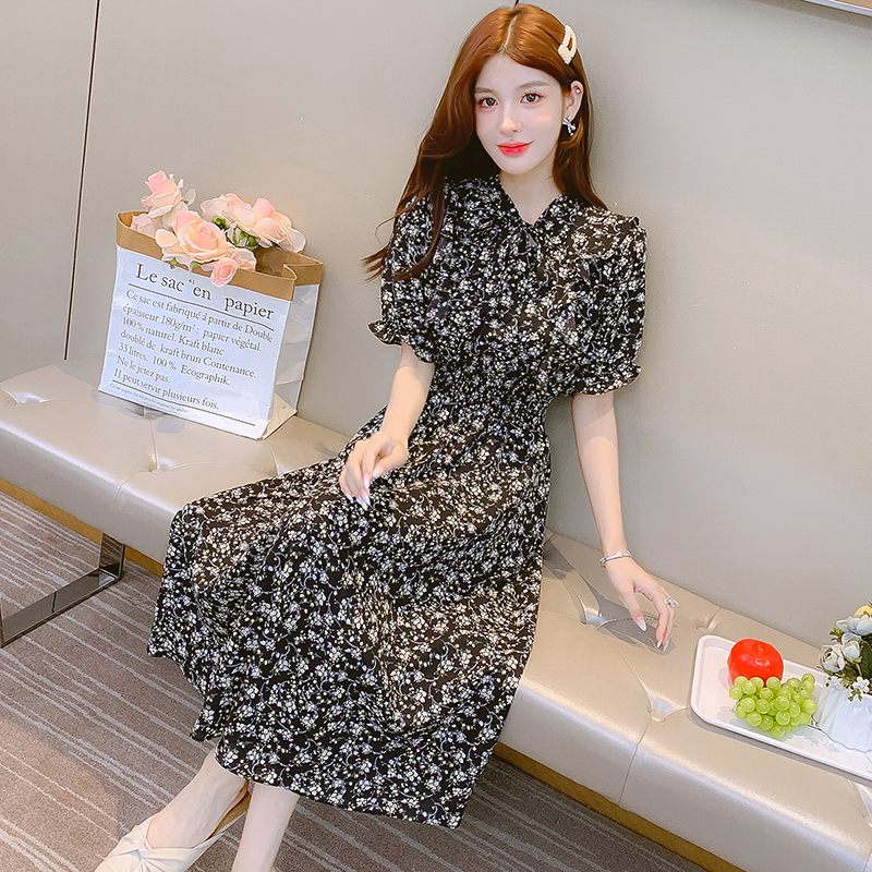 2023 Summer New Short Sleeve Elegant Lace-Up V-Neck Lady Chiffon Floral Dress - Image 4