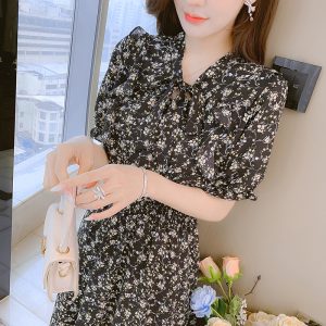 2023 Summer New Short Sleeve Elegant Lace-Up V-Neck Lady Chiffon Floral Dress