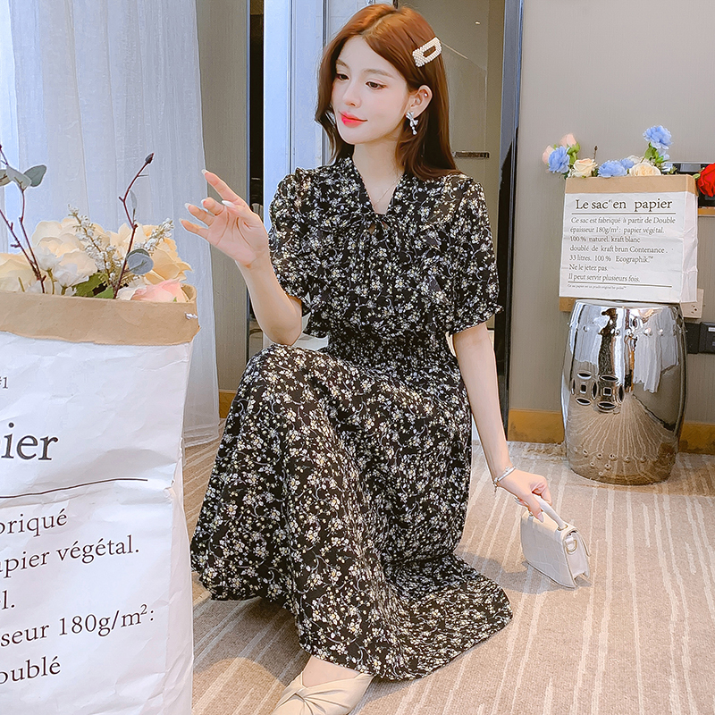 2023 Summer New Short Sleeve Elegant Lace-Up V-Neck Lady Chiffon Floral Dress - Image 5