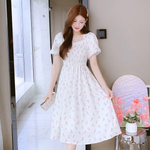 French Floral Chiffon Short Sleeve Dress Women Summer New Sweet Slimming Tea Break Long Dress