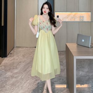 French Sweet Fairy Square Neck Embroidered Dress with Puff Sleeves