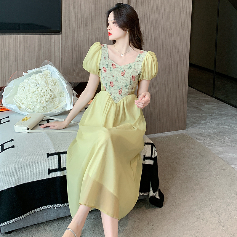 French Sweet Fairy Square Neck Embroidered Dress with Puff Sleeves - Image 3