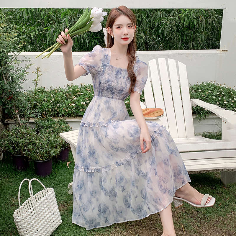 Fresh French Floral Mesh Dress Women 2023 Summer Slim Waist Puff Sleeve - Image 4