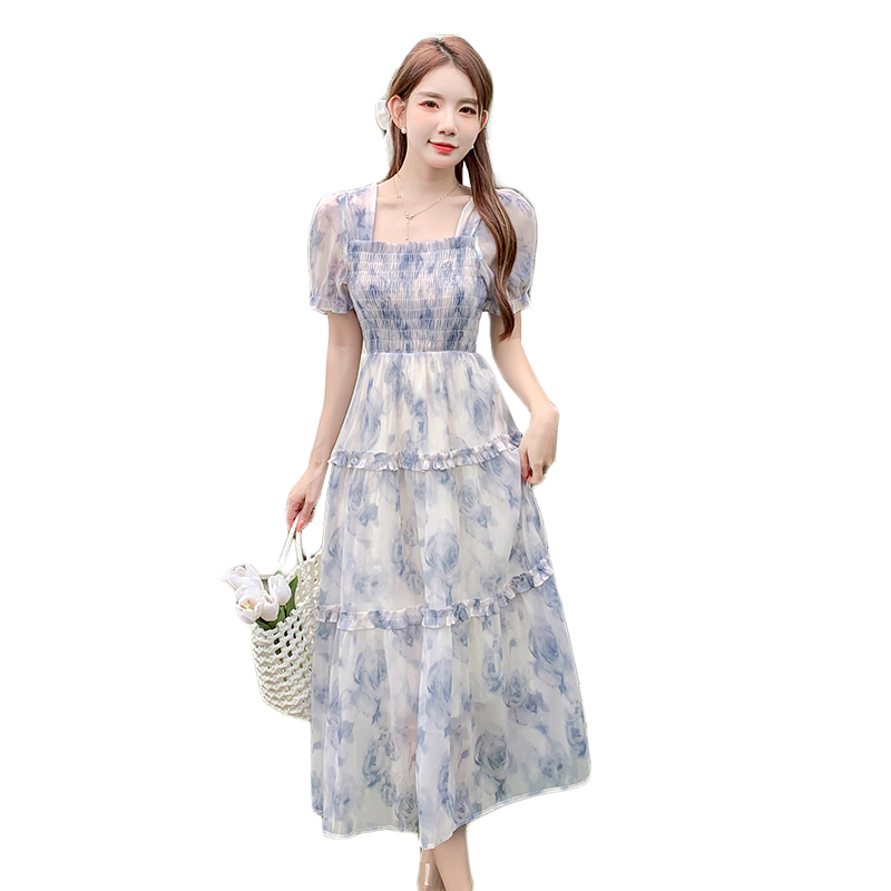 Fresh French Floral Mesh Dress Women 2023 Summer Slim Waist Puff Sleeve - Image 5
