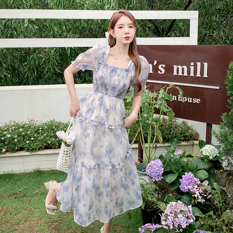 Fresh French Floral Mesh Dress Women 2023 Summer Slim Waist Puff Sleeve - Image 3