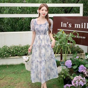 Fresh French Floral Mesh Dress Women 2023 Summer Slim Waist Puff Sleeve