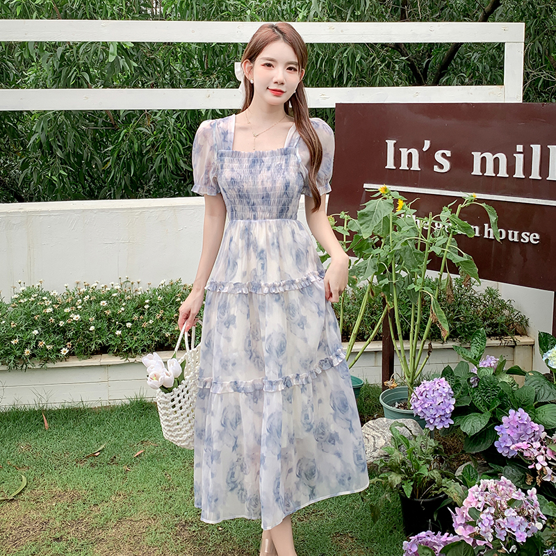 fresh-french-floral-mesh-dress-women-2023-summer-slim-waist-puff-sleeve