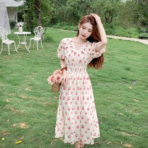 French Style Rose Floral Jacquard V-Neck Slimming Midi Dress