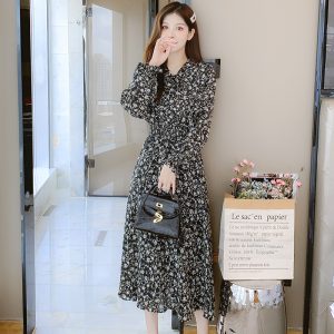French Style Elegant Slim Fit Long Sleeve Chiffon Floral Dress for Women