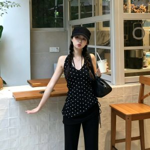 Women's Halter V-Neck Open-Back Polka Dot Cami and High-Waist Flared Pants Two-Piece Set