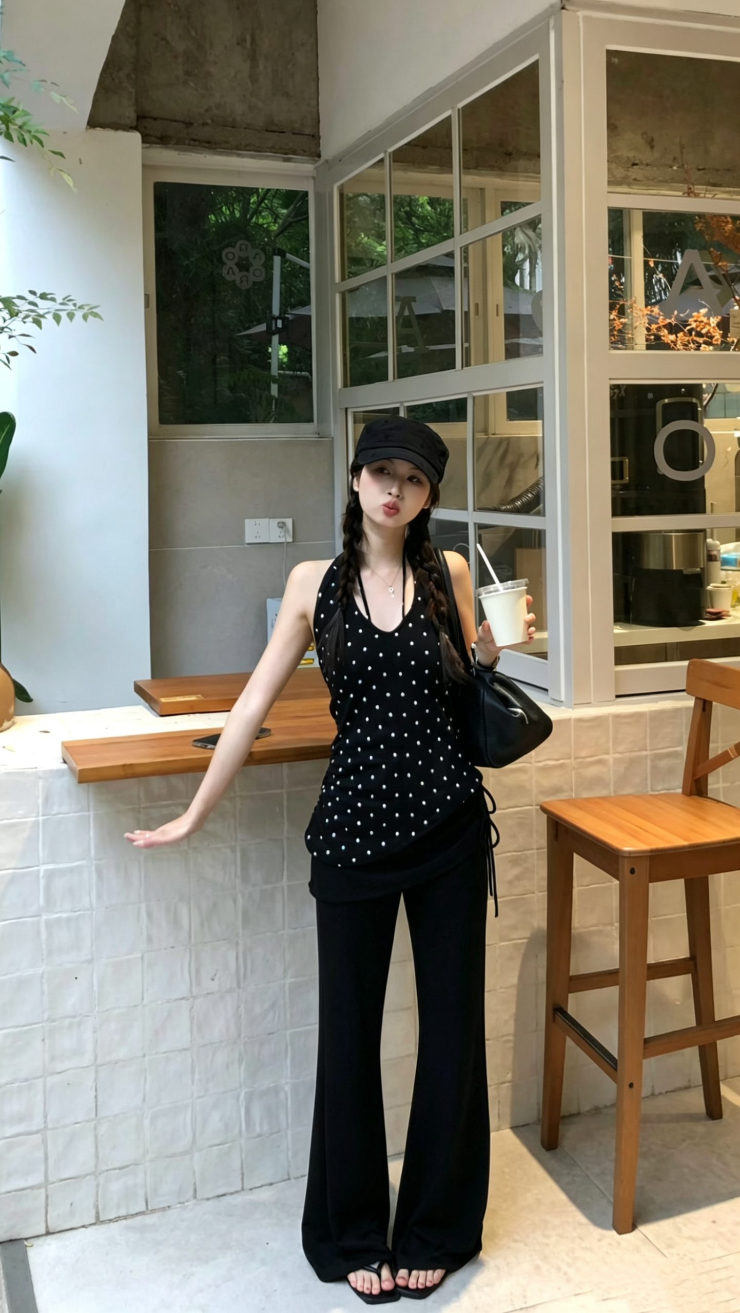 Women's Halter V-Neck Open-Back Polka Dot Cami and High-Waist Flared Pants Two-Piece Set