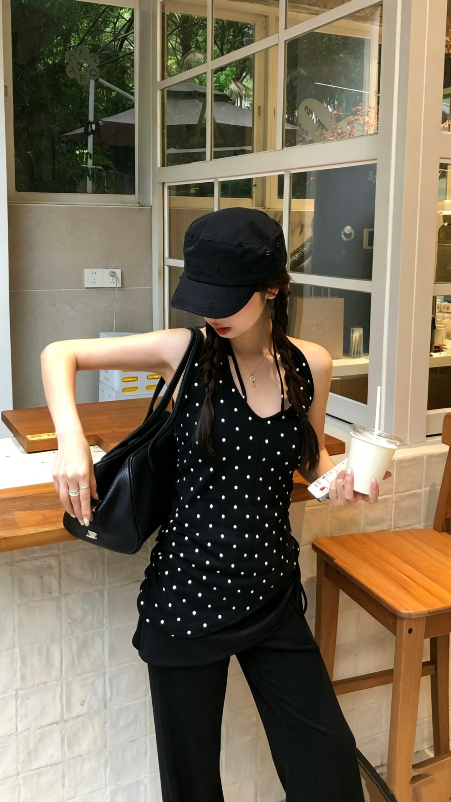 Women's Halter V-Neck Open-Back Polka Dot Cami and High-Waist Flared Pants Two-Piece Set - Image 4