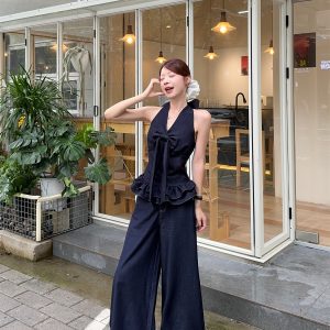 Women's Halter Neck Bow Denim Vest and Wide-Leg Pants Two-Piece Set