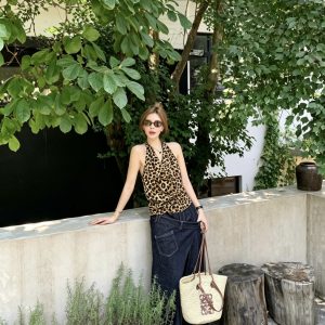 Leopard Print Halter V-Neck Open Back Sleeveless Tank Top for Women