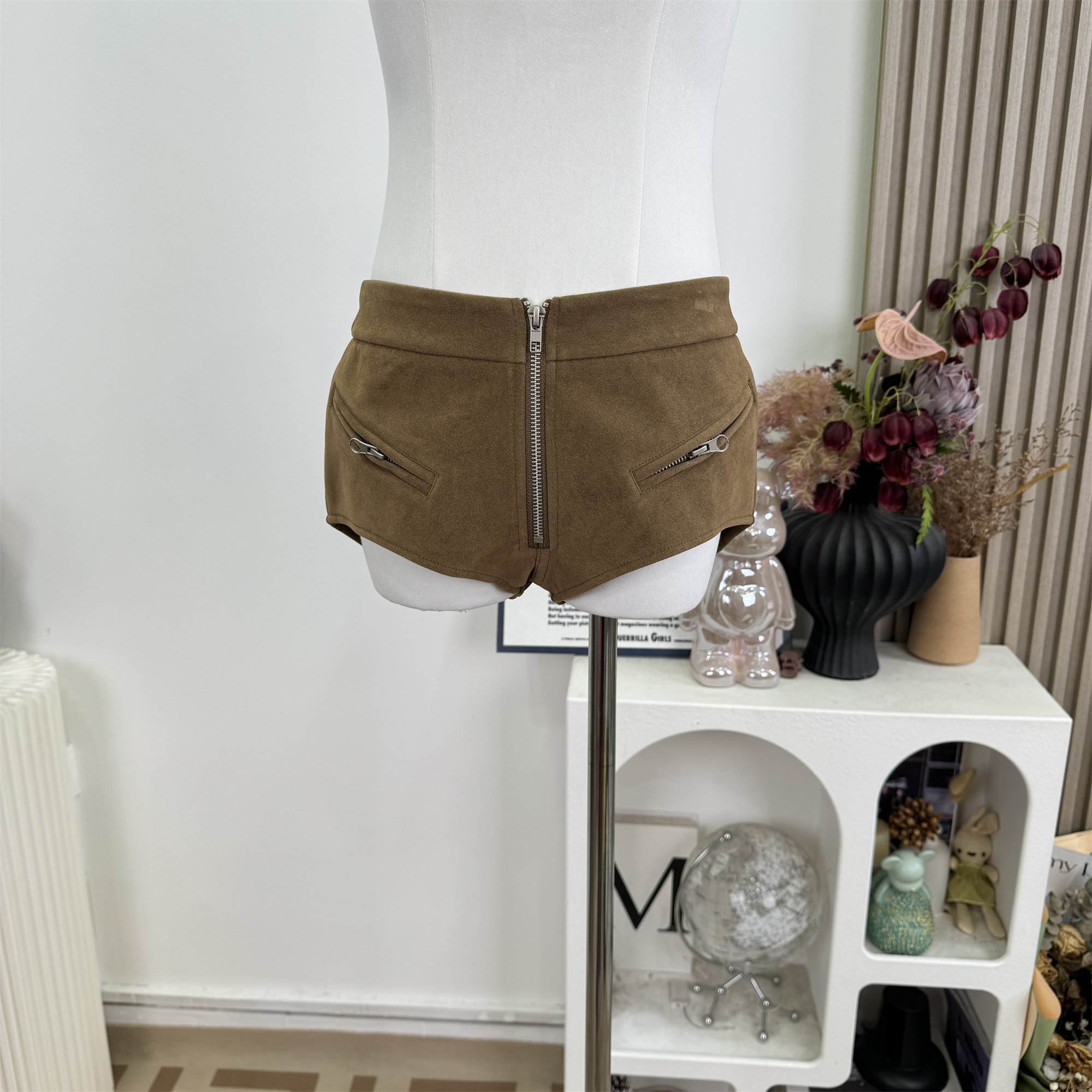 womens-suede-hot-shorts-with-front-zip-and-dual-pockets