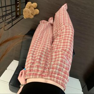 Sweet Deep Pink Plaid Korean Summer New Loungewear Stroll Pants for Girls Cool Breathable Loose Wide-Leg Pants
