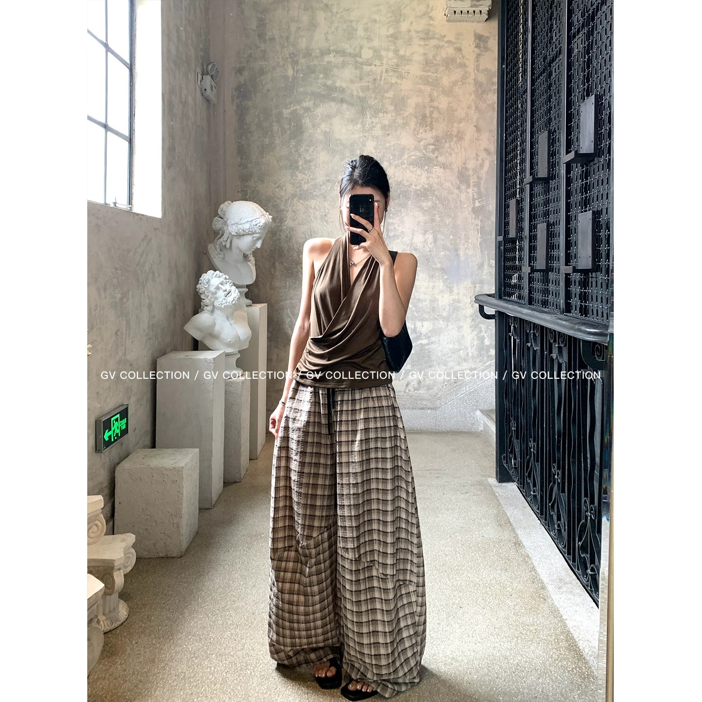 Retro High Waist Drawstring Plaid Cocoon Wide Leg Pants Women Summer Artistic Loose Slimming Balloon Casual Pants - Image 2