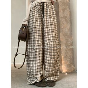 Retro High Waist Drawstring Plaid Cocoon Wide Leg Pants Women Summer Artistic Loose Slimming Balloon Casual Pants