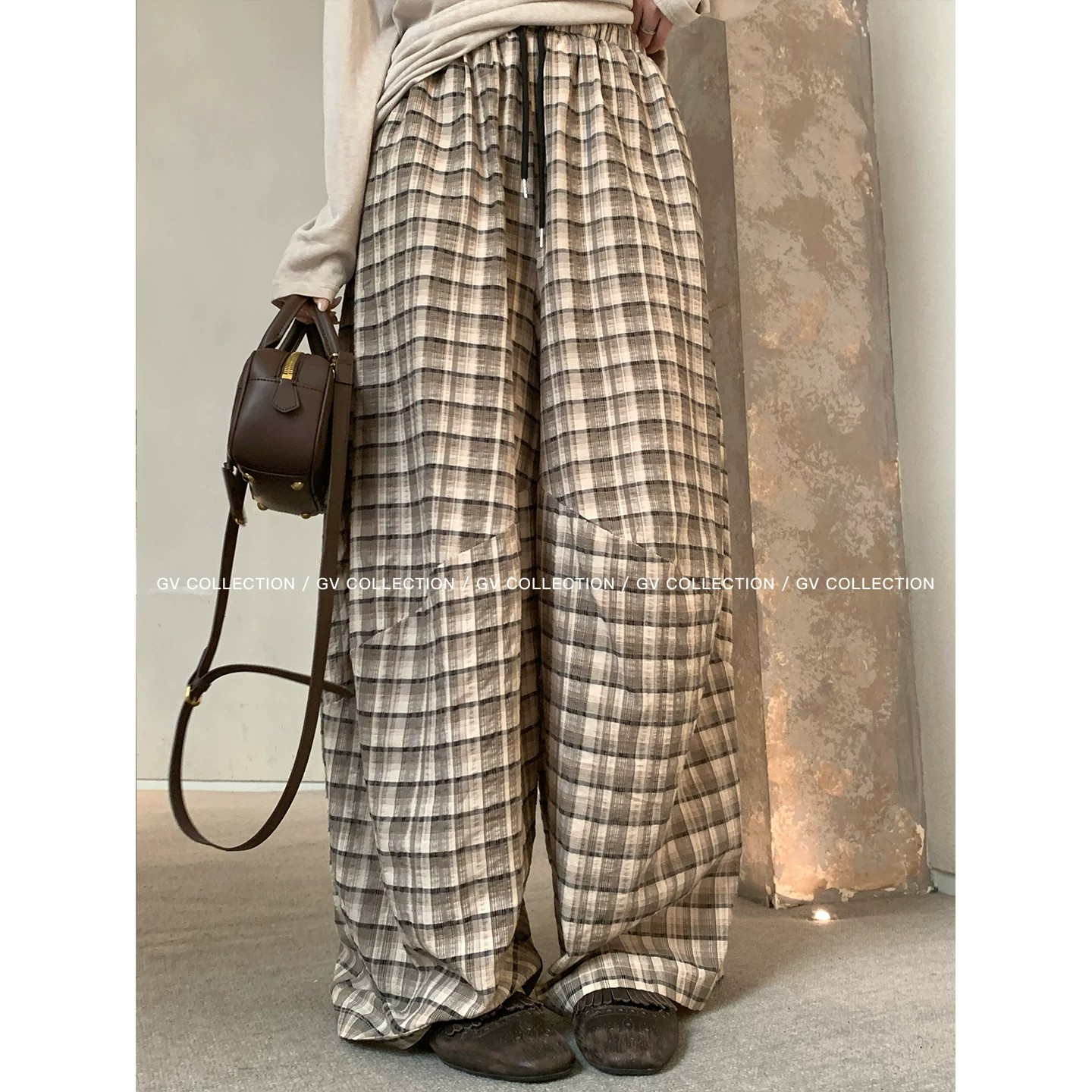 retro-high-waist-drawstring-plaid-cocoon-wide-leg-pants-women-summer-artistic-loose-slimming-balloon-casual-pants