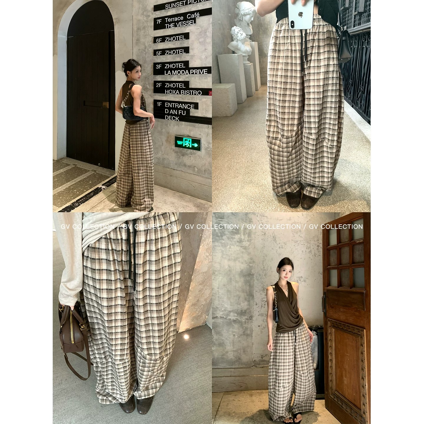 Retro High Waist Drawstring Plaid Cocoon Wide Leg Pants Women Summer Artistic Loose Slimming Balloon Casual Pants - Image 5
