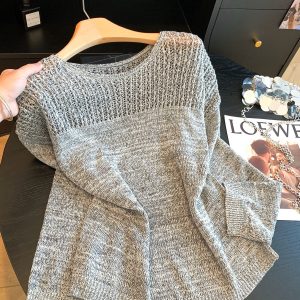 Women's Tencel Linen Gray Hollow Knit Sun Protection Top 2026 Fall Loose Pullover Round Neck T-Shirt