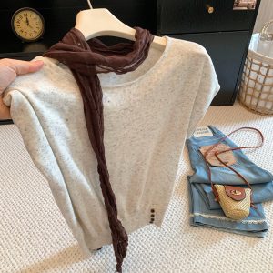 Korean Style 2026 Early Autumn Short Sleeve Knit Top with Silk Scarf for Women