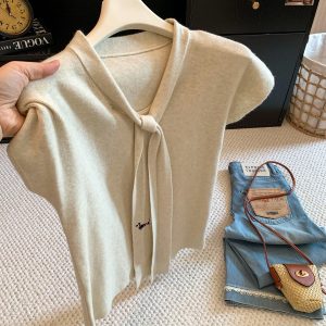 Women's V-Neck Tie-Strap Knit Top with Cap Sleeves 2026 Early Autumn