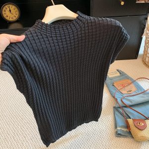 Korean Lace Half Turtleneck Short Sleeve T-Shirt Women Early Autumn Slim Fit Waffle Knit Top