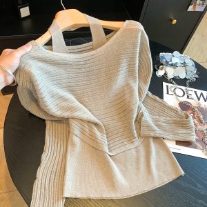 Korean Style Lazy Casual Knit Two Piece Set Women 2026 Early Autumn Long Sleeve One Shoulder Cover Up Cami Halter Vest