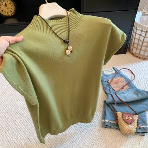 Half Turtleneck Short Sleeve Knit Sweater for Women 2026 Early Autumn Commute Casual Slimming Top