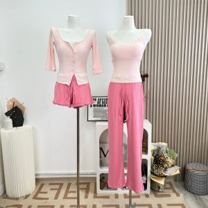 Women's Wide-Leg Casual Pants in Pink - Cotton Blend
