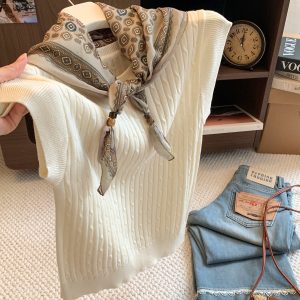 Early Autumn Twist Knit Short Sleeve Top with Scarf Women Korean Style Slim Fit