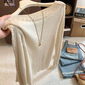 French Style Off-Shoulder Hollow Knit Top for Women Spring Autumn Soft Pullover Base Layer