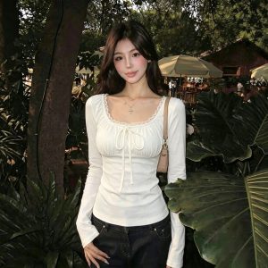 Korean Lace-Trim U-Neck Tie-Front Long-Sleeve Women's Top