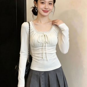 Women's Lace Trim Tie-Front Long Sleeve T-Shirt Slim Fit French Korean Style