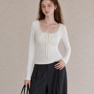 Sweet Lace-Trim Tie-Front White Slim Top for Early Autumn