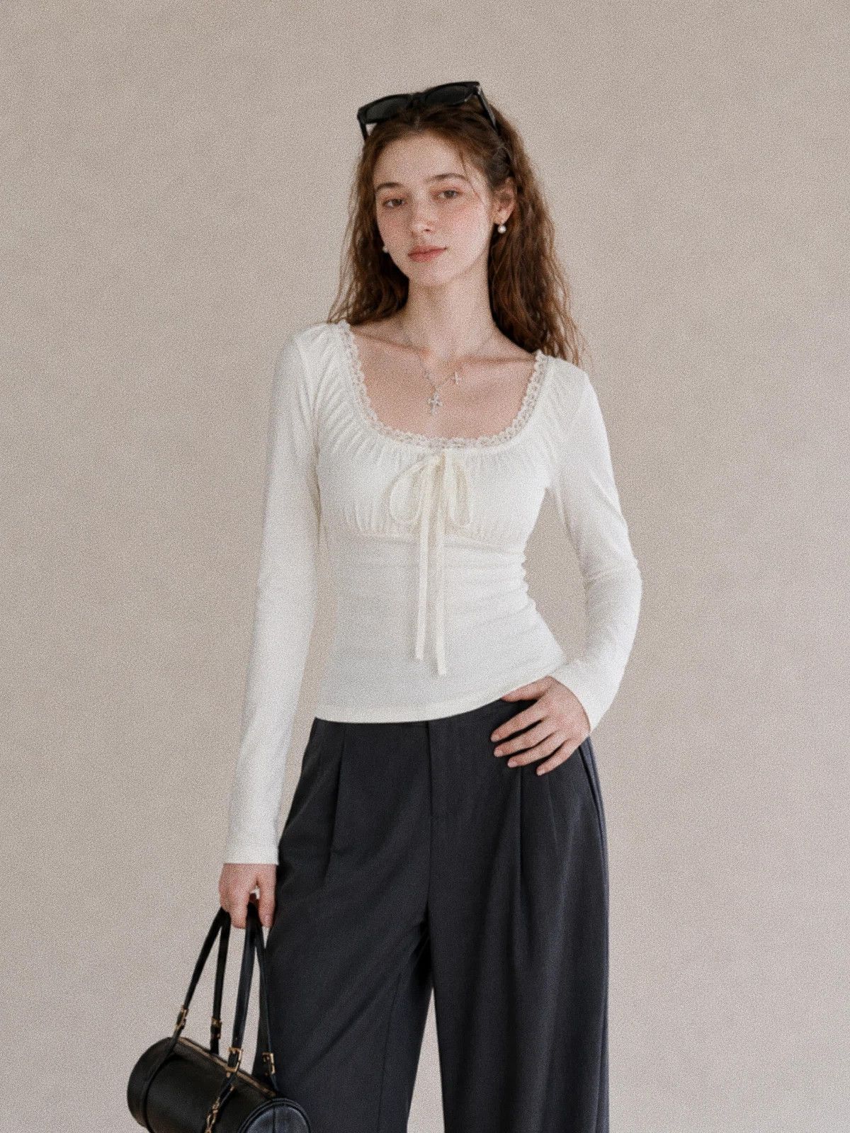sweet-lace-trim-tie-front-white-slim-top-for-early-autumn