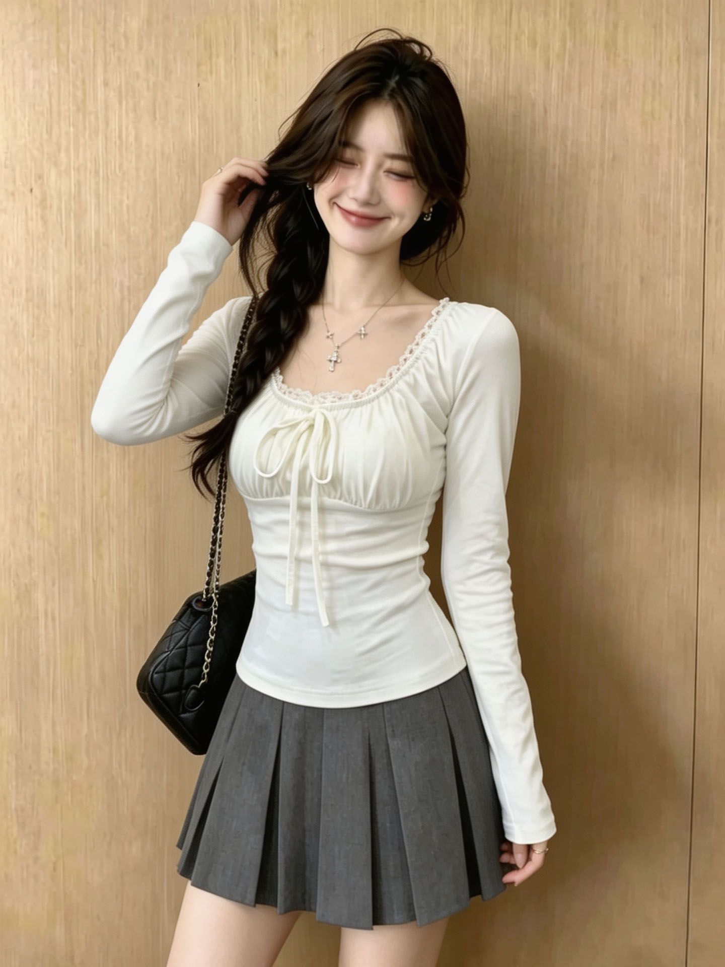 Women's Square Neck Lace Trim Tie Front Long Sleeve T-Shirt Slimming Top - Image 2
