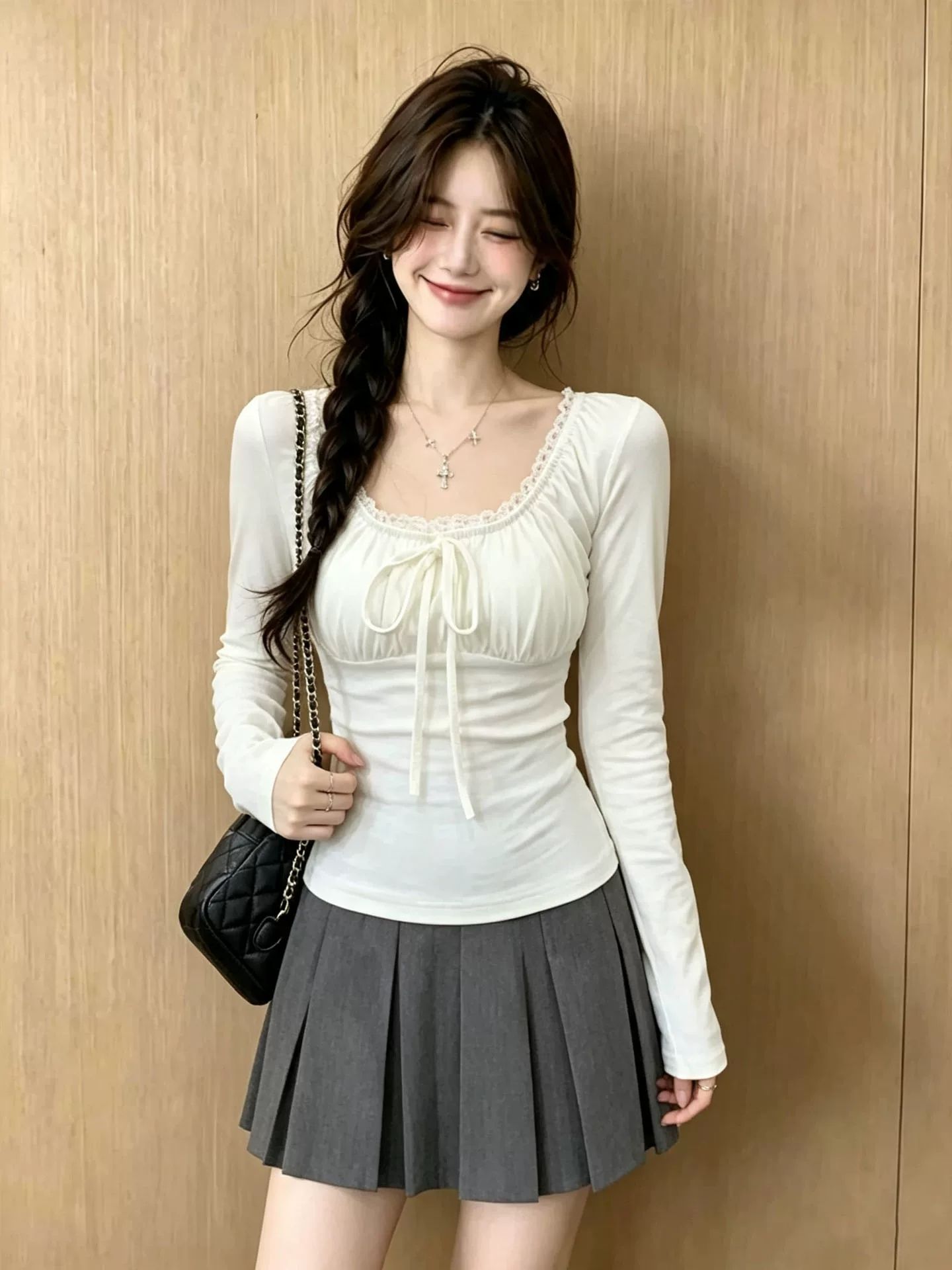 Women's Square Neck Lace Trim Tie Front Long Sleeve T-Shirt Slimming Top - Image 3