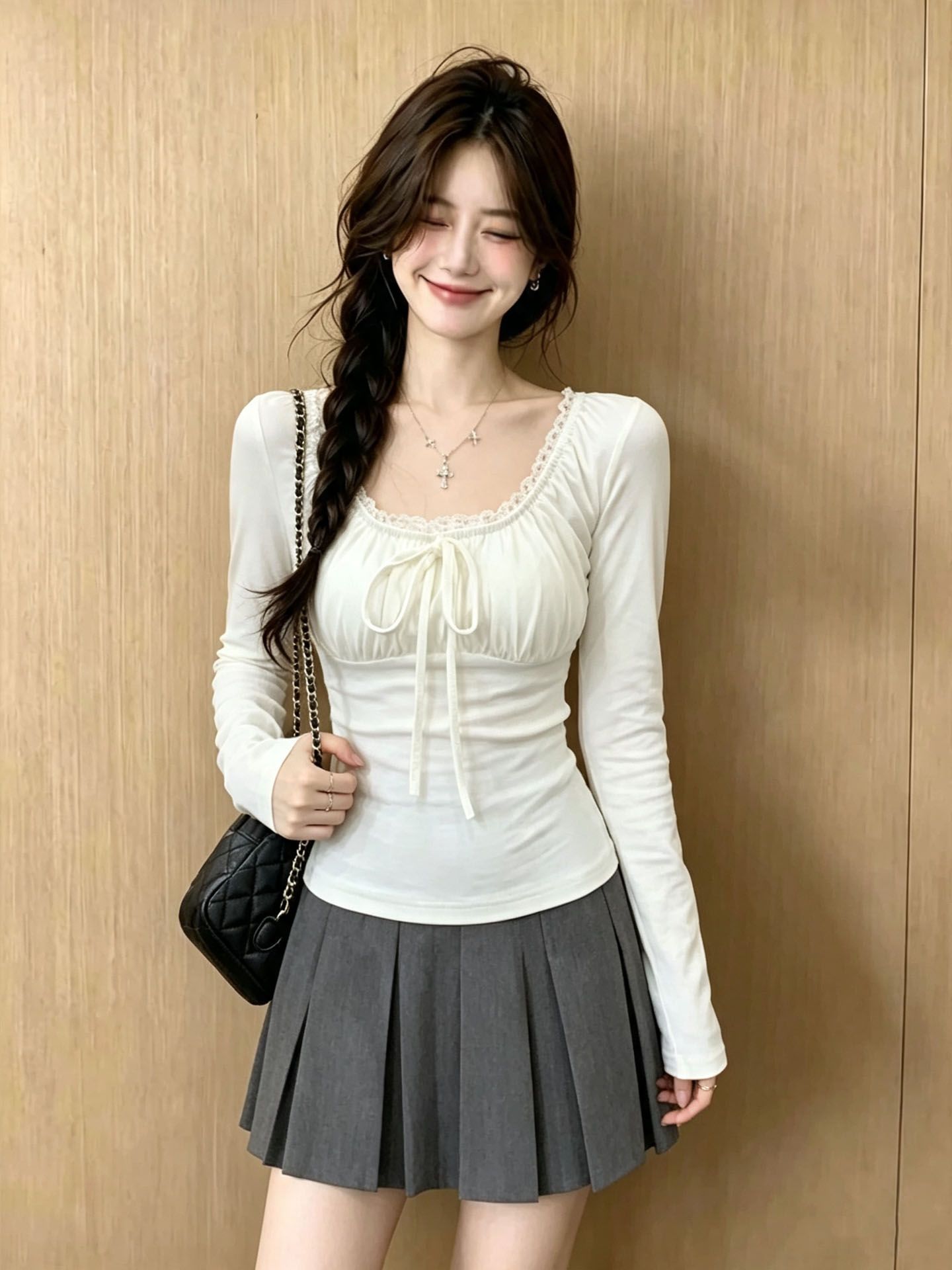 Women's Square Neck Lace Trim Tie Front Long Sleeve T-Shirt Slimming Top - Image 4